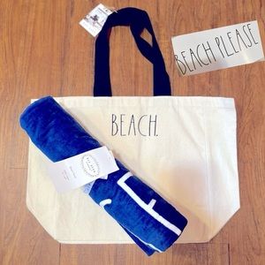 RAE DUNN BEACH Canvas Tote Bag & BEACH PLEASE Beach Towel 36” x 68” Both NWT